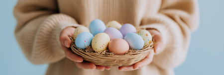 Person holding a small basket filled with colorful speckled Easter eggs in hands. Easter background....