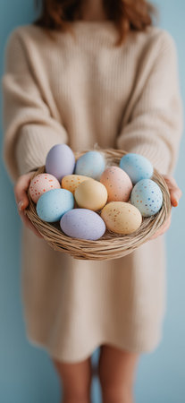 Person holding a small basket filled with colorful speckled Easter eggs in hands. Easter background....