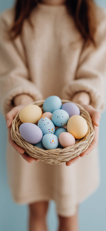 Person holding a small basket filled with colorful speckled Easter eggs in hands. Easter background. Person holding woven basket with pastel Easter eggsの写真素材