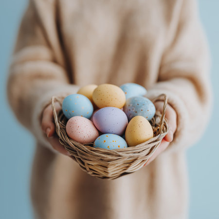 Person holding a small basket filled with colorful speckled Easter eggs in hands. Easter background. Person holding woven basket with pastel Easter eggsの写真素材