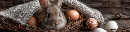 Rabbit observing pastel Easter eggs and natural wellness bottles with a spa towel. Rabbit resting...