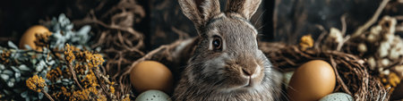 Rabbit observing pastel Easter eggs and natural wellness bottles with a spa towel. Rabbit resting...