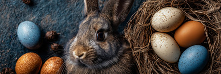 Rabbit observing pastel Easter eggs and natural wellness bottles with a spa towel. Rabbit resting...