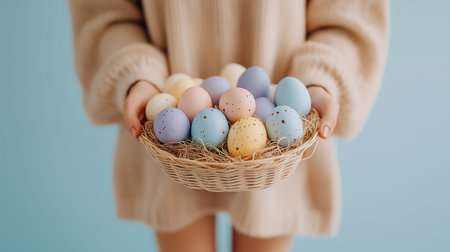 Person holding a small basket filled with colorful speckled Easter eggs in hands. Easter background....