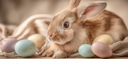 Rabbit observing pastel Easter eggs and natural wellness bottles with a spa towel. Rabbit resting among Easter eggs and detox products bannerの写真素材