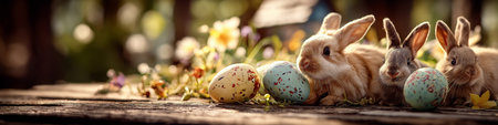 Rustic wooden table displaying speckled eggs and bunny figures celebrating Easter. Easter wallpaper. Rustic Easter scene displaying speckled eggs and bunniesの写真素材