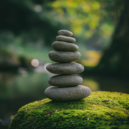 Smooth river stones balancing on vibrant moss near water, symbolizing peace and stability. Stacked river stones balancing on moss creating zen harmony wallpaperの写真素材