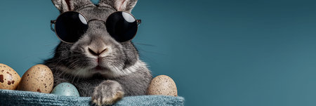 Stylish rabbit wearing sunglasses holding speckled eggs, celebrating Easter on blue background. Stylish rabbit wearing sunglasses holding speckled Easter eggs. Easter wallpaperの写真素材