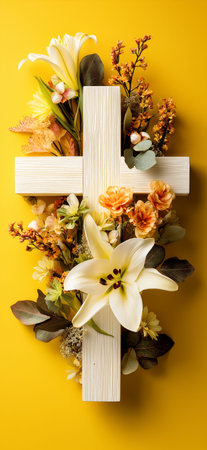 Christian cross decorated with colorful flowers on a yellow background. Traditional Christian cross celebrating Easter with flowersの写真素材
