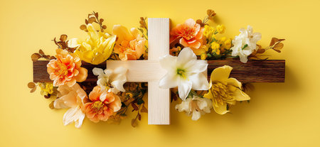 Christian cross decorated with colorful flowers on a yellow background. Traditional Christian cross celebrating Easter with flowersの写真素材