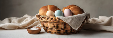 Wicker basket holding pastel colored Easter eggs, bread, and salt on a simple background. Easter wallpaper. Wicker basket holding Easter food, colored eggs, bread, and saltの写真素材