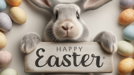 Gray rabbit holding a wooden board with Happy Easter surrounded by colorful eggs. Easter greeting...
