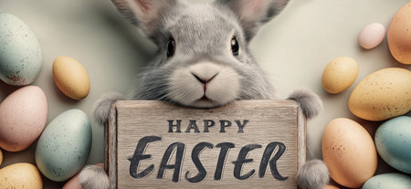 Gray rabbit holding a wooden board with Happy Easter surrounded by colorful eggs. Easter greeting...