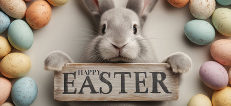 Gray rabbit holding a wooden board with Happy Easter surrounded by colorful eggs. Easter greeting...