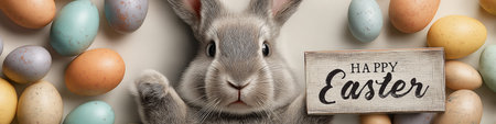 Gray rabbit holding a wooden board with Happy Easter surrounded by colorful eggs. Easter greeting...
