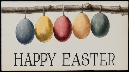 Colorful patterned Easter eggs hanging from a branch celebrating the holiday season. Happy Easter...