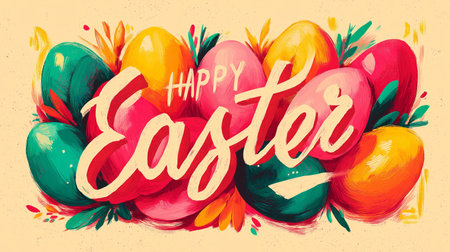 Happy Easter greeting design featuring a cute bunny, blooming tulips, and spring daffodils. Happy...
