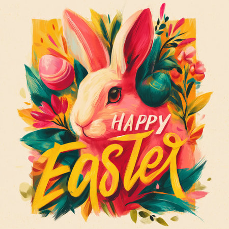 Happy Easter greeting design featuring a cute bunny, blooming tulips, and spring daffodils. Happy...