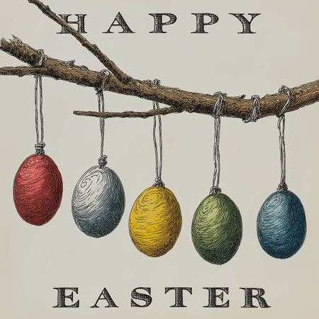 Colorful patterned Easter eggs hanging from a branch celebrating the holiday season. Happy Easter...