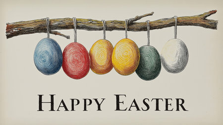 Colorful patterned Easter eggs hanging from a branch celebrating the holiday season. Happy Easter...