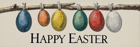 Colorful patterned Easter eggs hanging from a branch celebrating the holiday season. Happy Easter...