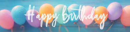 Colorful pastel balloons creating a festive background for a happy birthday message. Happy birthday greeting text with colorful balloons. Greeting cardの写真素材