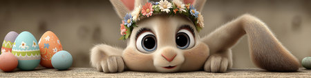 Cartoon rabbit wearing a flower wreath and smiling, celebrating Easter with a decorated egg. Cute...