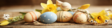 Young rabbit sitting among yellow flowers with an Easter greeting sign. Cute rabbit holding a Happy...