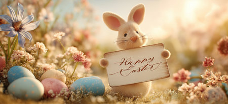 Cute bunny holding a Happy Easter sign surrounded by pastel eggs and spring flowers. Easter greeting...