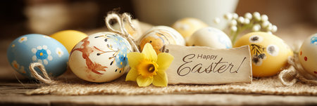 Young rabbit sitting among yellow flowers with an Easter greeting sign. Cute rabbit holding a Happy...