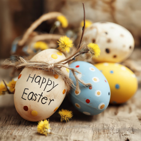 Young rabbit sitting among yellow flowers with an Easter greeting sign. Cute rabbit holding a Happy...