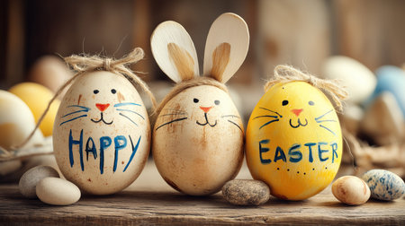 Young rabbit sitting among yellow flowers with an Easter greeting sign. Cute rabbit holding a Happy Easter sign with flowers. Easter greeting cardの写真素材