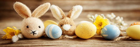 Young rabbit sitting among yellow flowers with an Easter greeting sign. Cute rabbit holding a Happy...