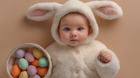 Cute baby dressed as Easter bunny holding a woven basket with colorful painted eggs. Easter banner. Baby wearing Easter bunny costume holding colored eggs basketの写真素材