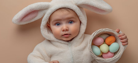 Cute baby dressed as Easter bunny holding a woven basket with colorful painted eggs. Easter banner. Baby wearing Easter bunny costume holding colored eggs basketの写真素材