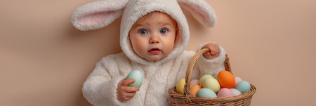 Cute baby dressed as Easter bunny holding a woven basket with colorful painted eggs. Easter banner. Baby wearing Easter bunny costume holding colored eggs basketの写真素材