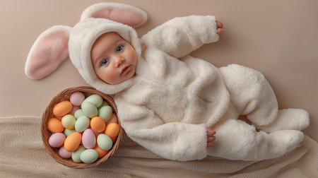 Cute baby dressed as Easter bunny holding a woven basket with colorful painted eggs. Easter banner. Baby wearing Easter bunny costume holding colored eggs basketの写真素材