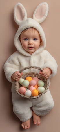 Cute baby dressed as Easter bunny holding a woven basket with colorful painted eggs. Easter banner. Baby wearing Easter bunny costume holding colored eggs basketの写真素材