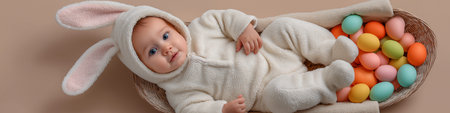 Cute baby dressed as Easter bunny holding a woven basket with colorful painted eggs. Easter banner. Baby wearing Easter bunny costume holding colored eggs basketの写真素材
