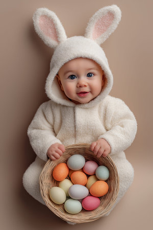 Cute baby dressed as Easter bunny holding a woven basket with colorful painted eggs. Easter banner. Baby wearing Easter bunny costume holding colored eggs basketの写真素材