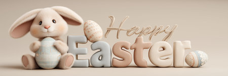 Adorable fluffy rabbit holding an Easter egg next to 3D Happy Easter text greeting card. Cute bunny holding decorated Easter egg with Happy Easter messageの写真素材