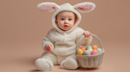 Cute baby dressed as Easter bunny holding a woven basket with colorful painted eggs. Easter banner. Baby wearing Easter bunny costume holding colored eggs basketの写真素材