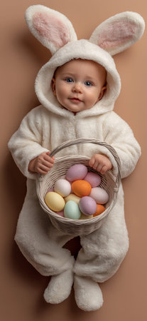Cute baby dressed as Easter bunny holding a woven basket with colorful painted eggs. Easter banner. Baby wearing Easter bunny costume holding colored eggs basketの写真素材