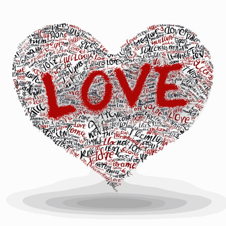 Heart shape filled with many words of love and LOVE in red, floating on white. Creative LOVE word art forming a heart shapeのイラスト素材