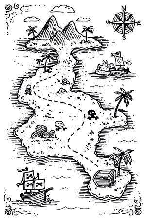 Hand drawn treasure map showing an island with mountains, palm trees, ships, and marked treasure. Hand drawn treasure map illustrating pirate island adventureのイラスト素材