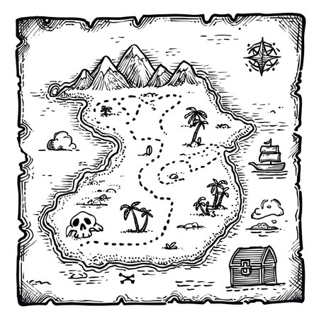 Hand drawn treasure map showing an island with mountains, palm trees, ships, and marked treasure. Hand drawn treasure map illustrating pirate island adventureのイラスト素材