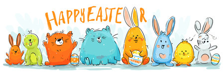 Cartoon Easter eggs with smiling faces and festive decorations forming a holiday greeting. Happy Easter text with cute decorated eggs illustrationのイラスト素材