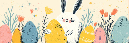 Cute bunny standing among pastel colored Easter eggs and stylized spring plants. Happy Easter bunny finding colorful eggs in spring field bannerのイラスト素材