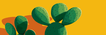 Nopal cactus pads featuring simple graphic shape and casting shadow on yellow wall. Nopal cactus pads growing with vibrant yellow backgroundのイラスト素材
