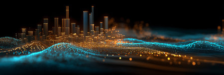 Glowing particles forming a futuristic cityscape with emerging skyscrapers on a dark background. Abstract city skyline forming from data particlesの写真素材